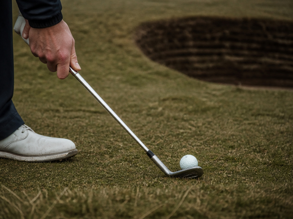 Golfer's hands playing a low bump-and-run shot on a windy links course at The Open.