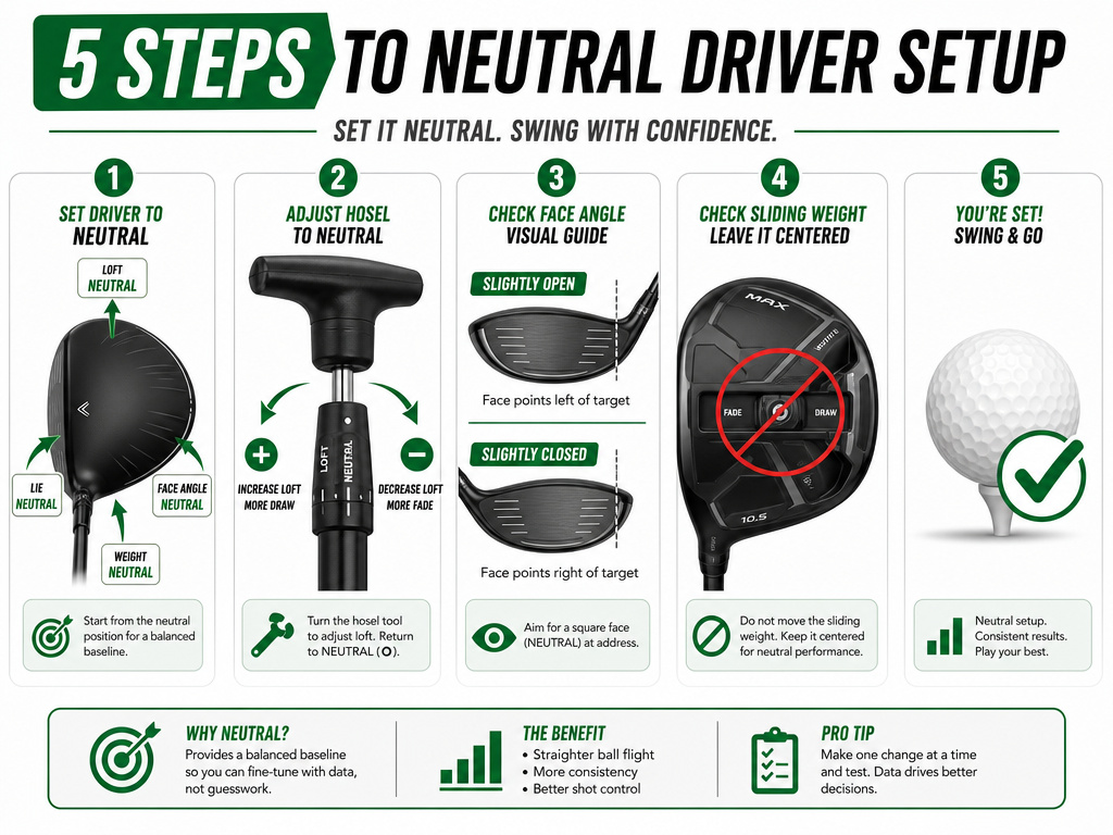 Step-by-step infographic for adjusting golf driver loft and face angle settings.