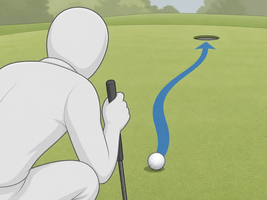 Golfer crouching to read the slope and fall line of a putting green.