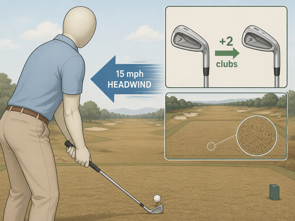 Golfer adjusting club selection for headwind and firm course conditions diagram