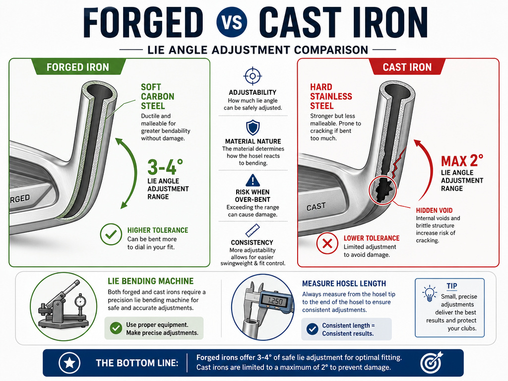Infographic comparing forged vs cast iron golf club lie angle bending limits