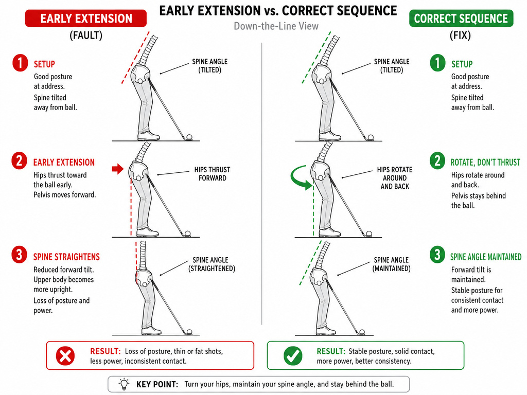 Diagram comparing early extension versus proper hip rotation in a golf swing.