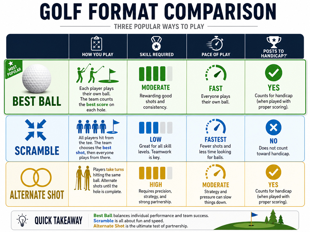 Infographic comparing best ball, scramble, and alternate shot golf formats.