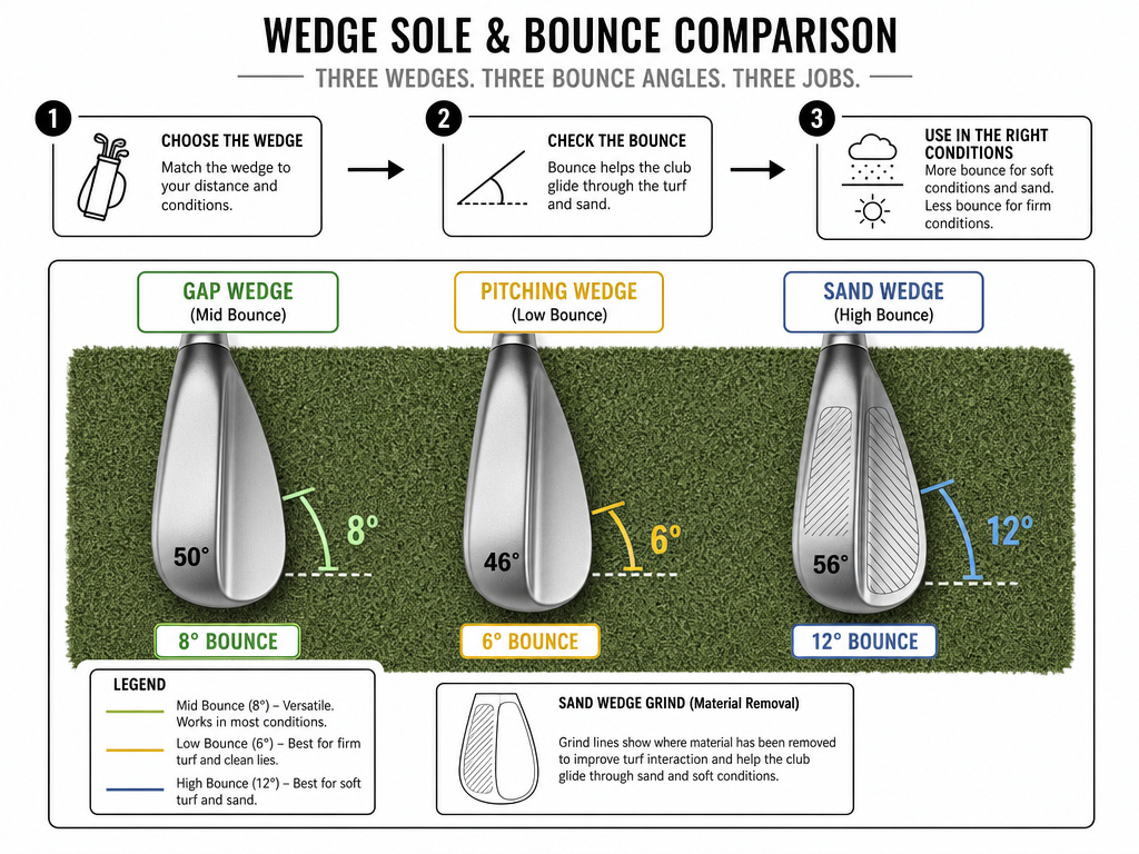 Diagram comparing bounce angles on gap, pitching, and sand wedge soles.
