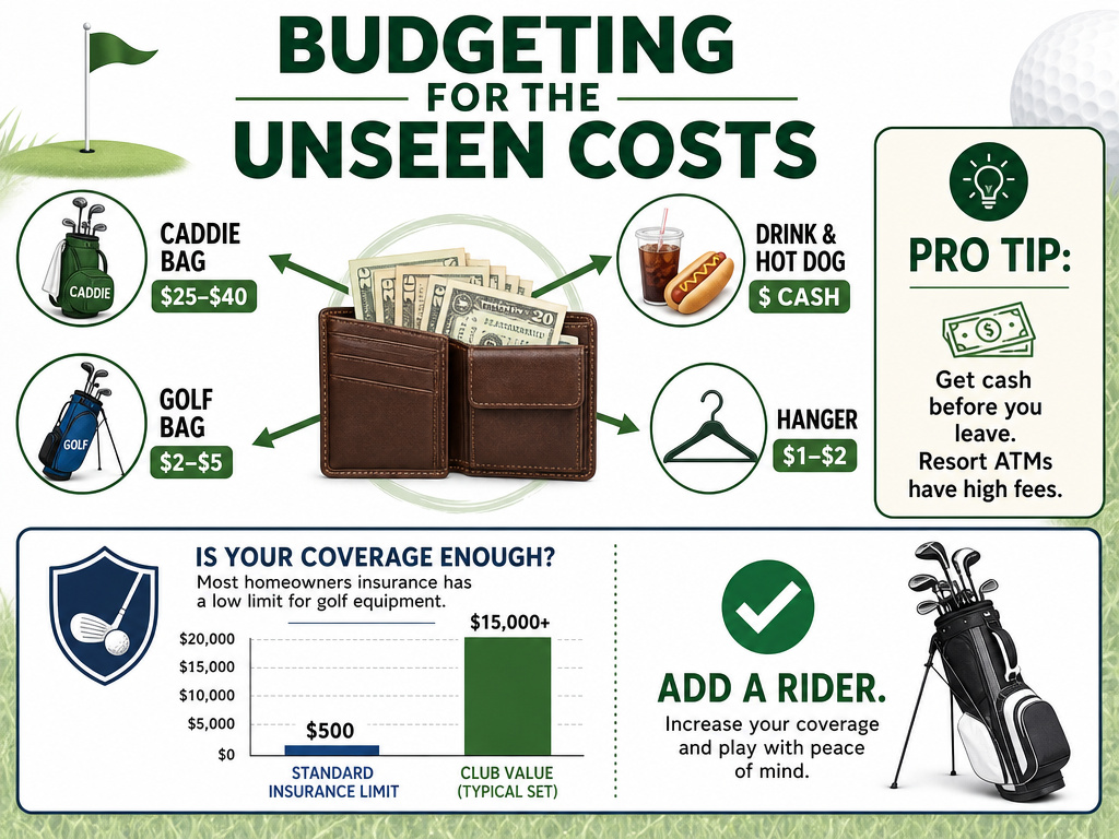 Infographic on hidden golf trip costs like cash tips and travel insurance for clubs.