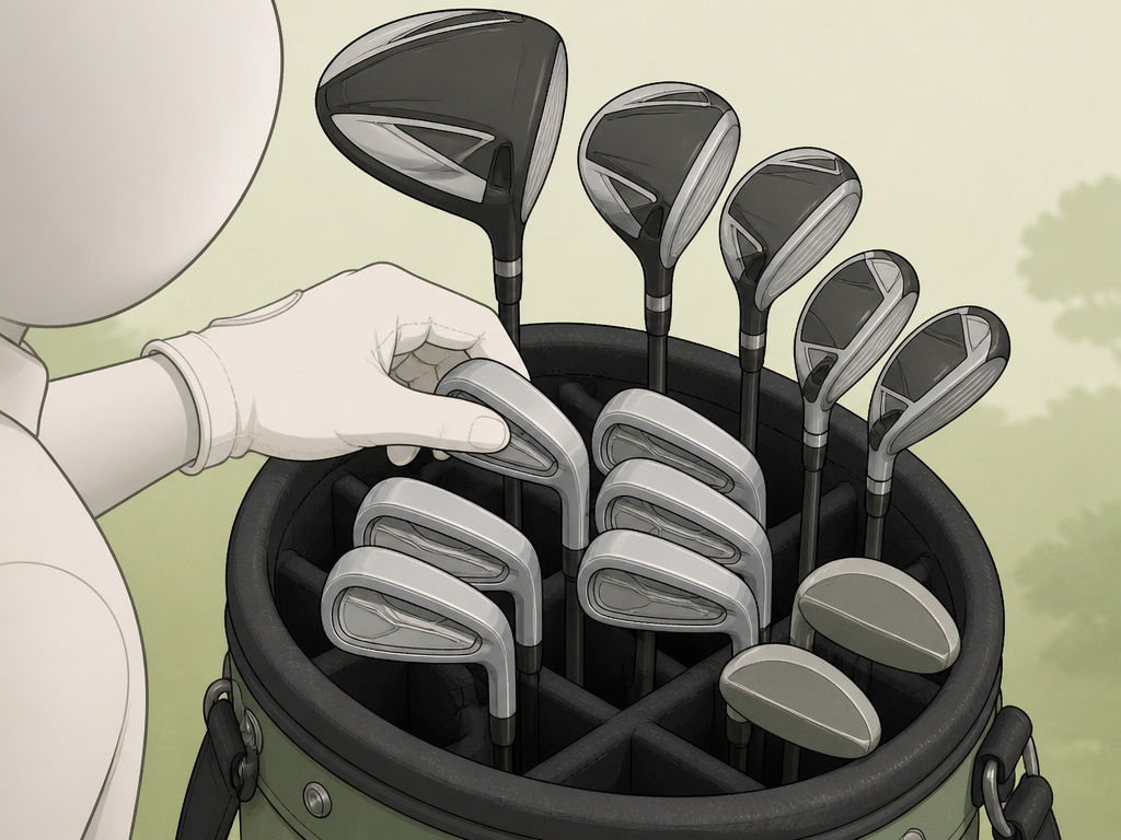 Golf bag with fourteen clubs organized by type for a legal set.