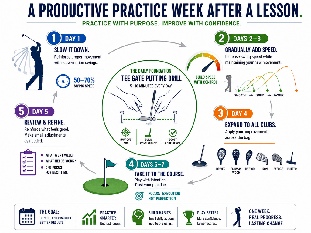 Infographic for structuring a golf practice plan after taking a lesson.