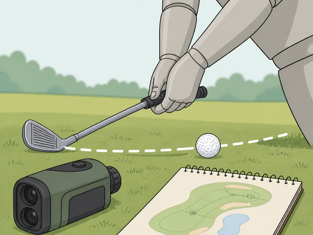 Golfer's practice swing for solid contact and distance control process.