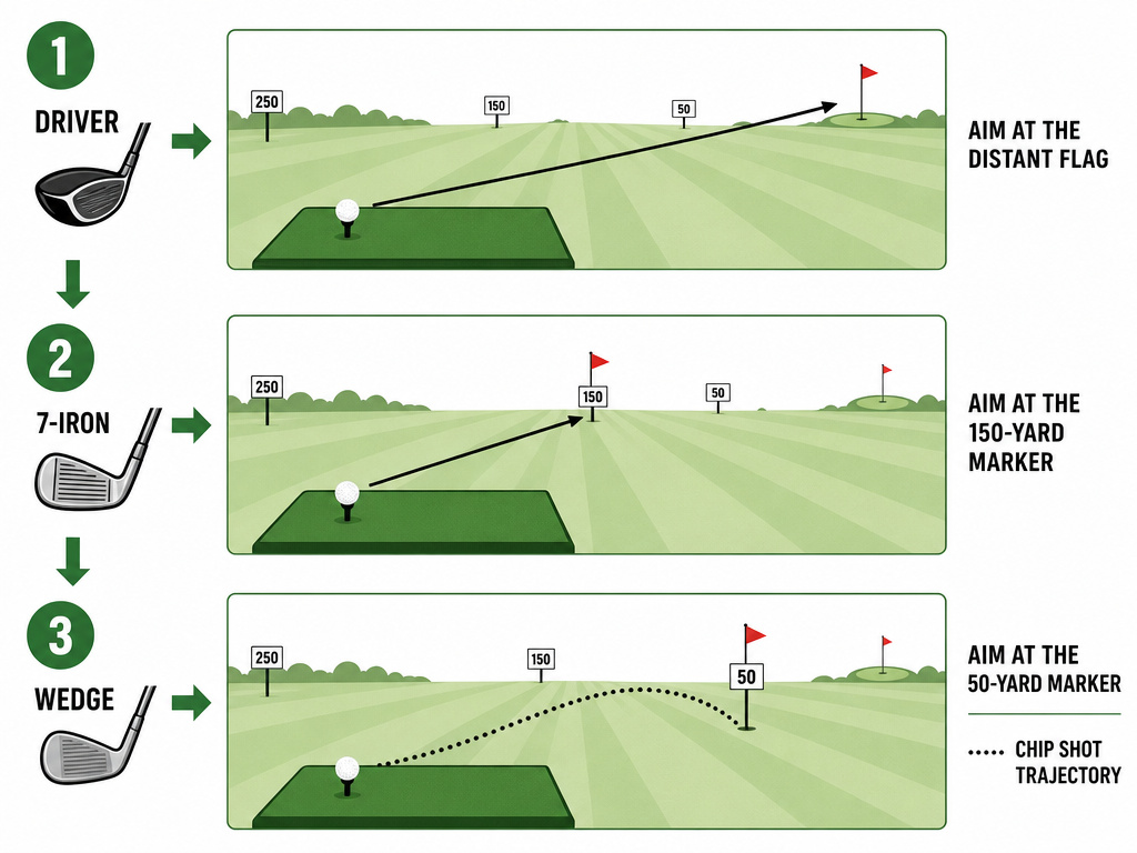 Diagram of a three-shot practice sequence to simulate real golf holes.