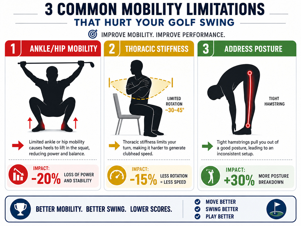 Three golf mobility self-assessments: overhead squat, seated rotation, toe touch.