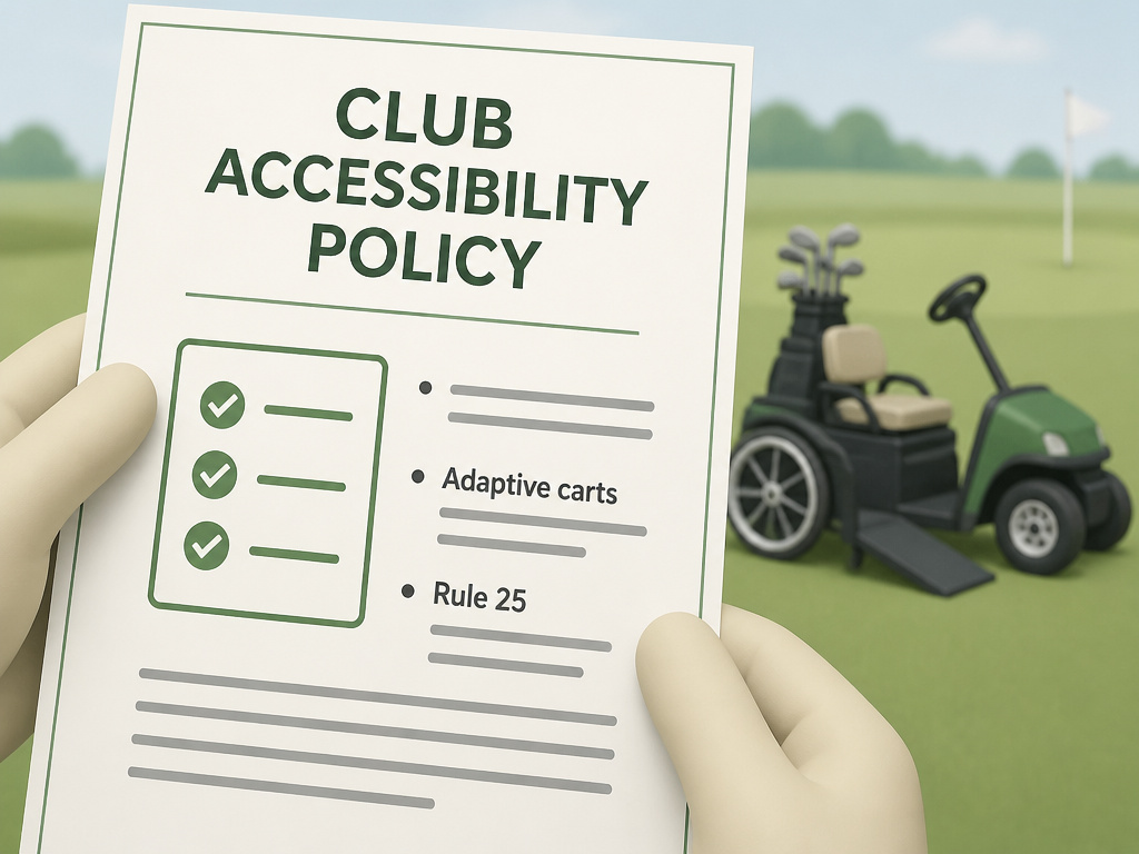 Official golf club accessibility policy document with checklist for inclusive play.