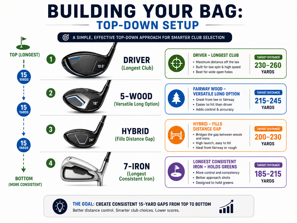 Golf club bag setup infographic showing driver, fairway wood, hybrid, and iron sequence.