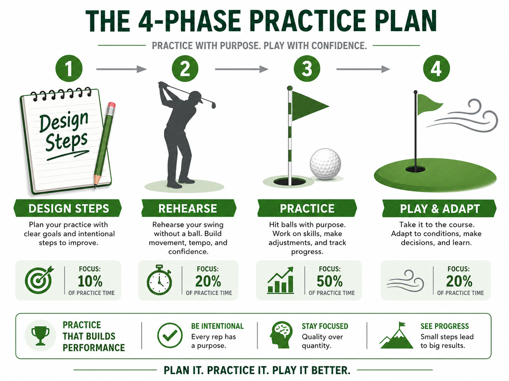 Four-phase golf pre-shot routine practice plan infographic from design to on-course testing.