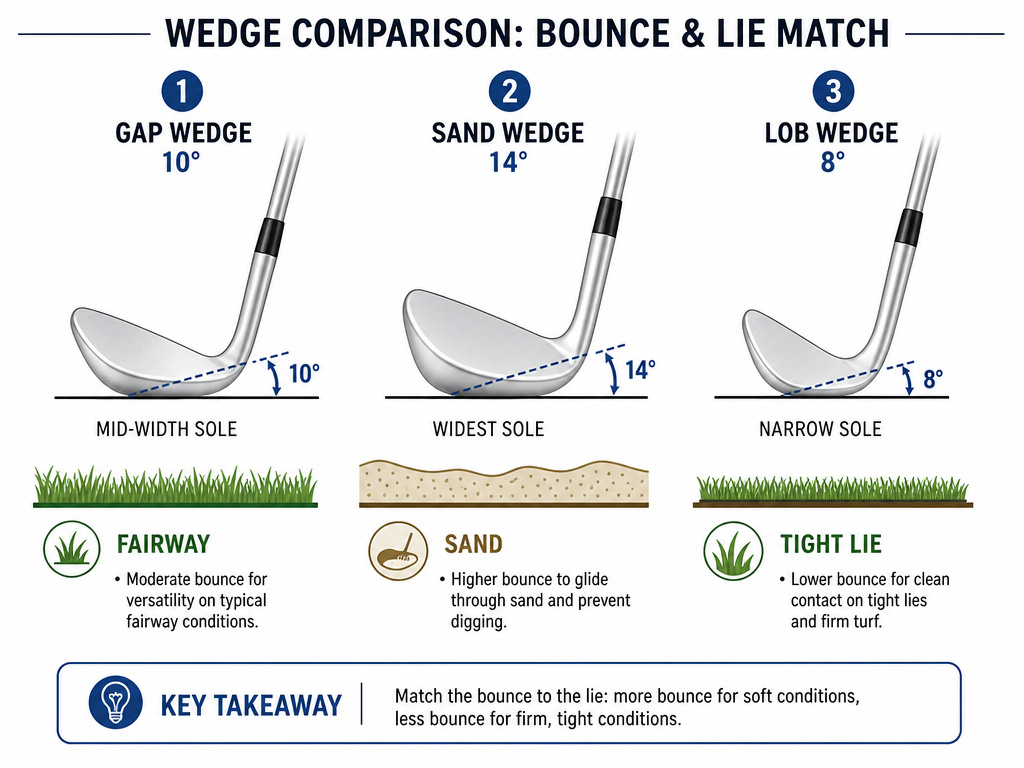 Diagram comparing bounce angles and sole widths for gap, sand, and lob wedges.