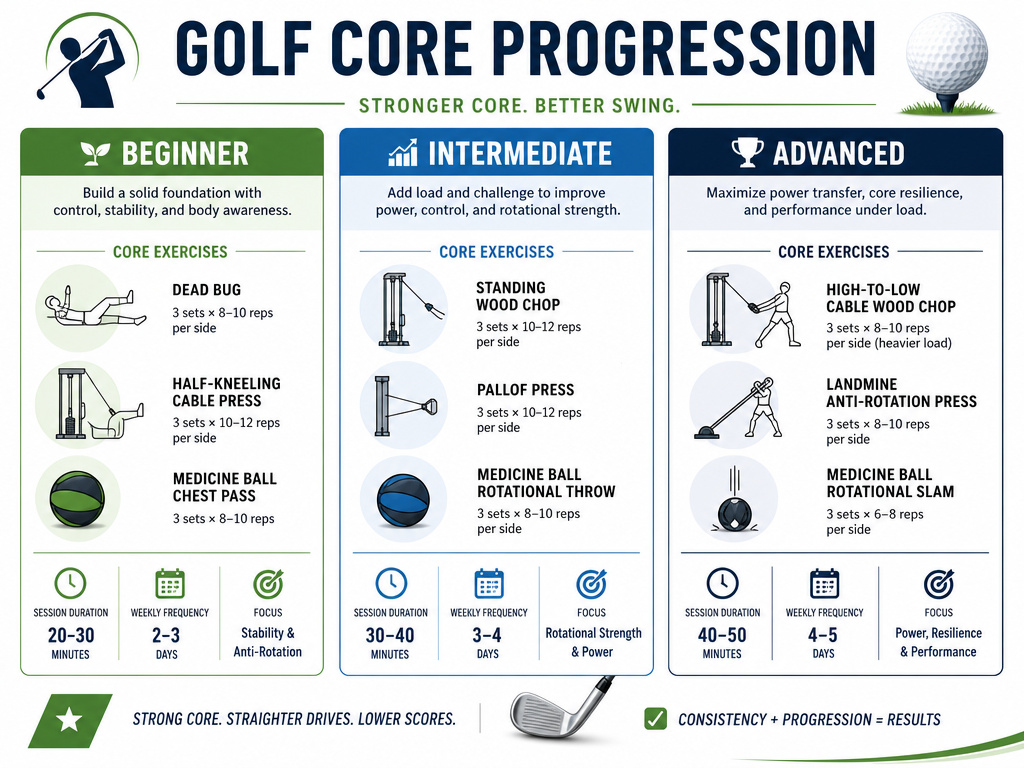 Weekly core workout schedule for golfers with beginner, intermediate, and advanced templates