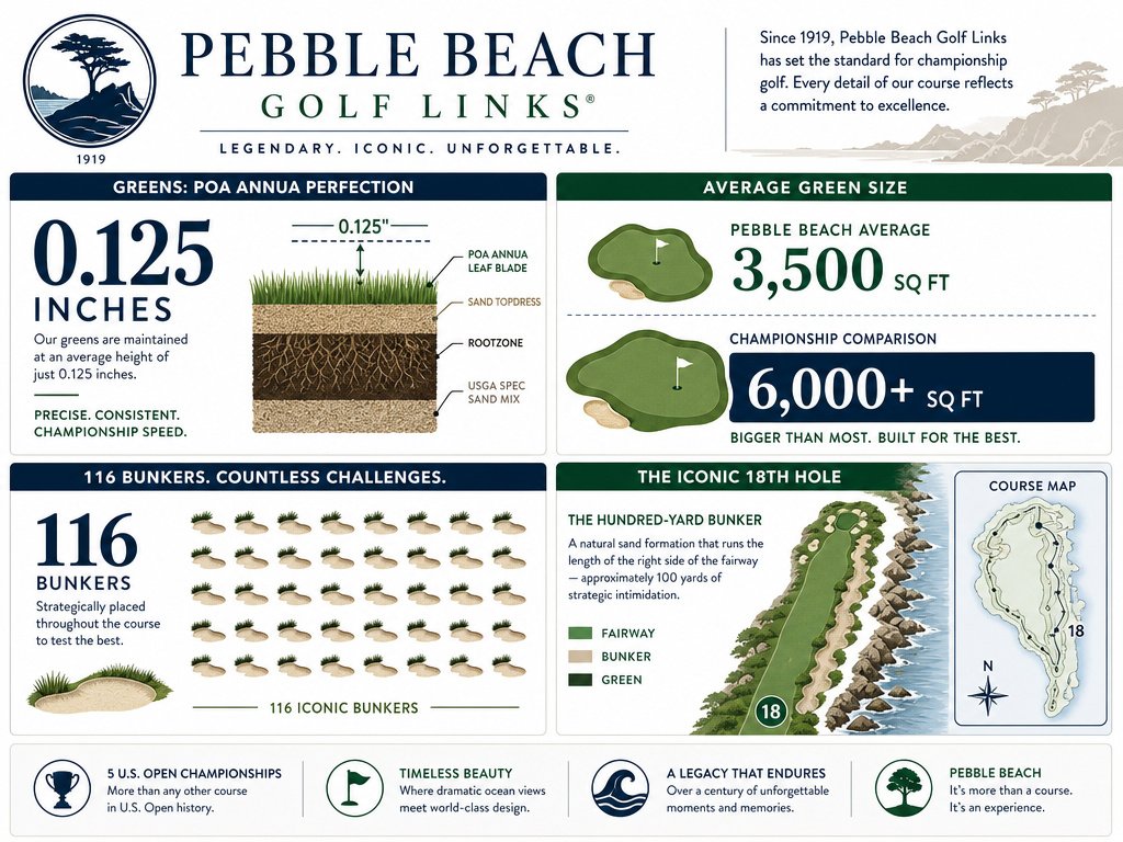 Infographic of Pebble Beach golf course specs: green size, grass height, and bunker count.