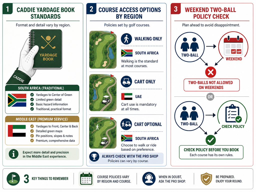 Infographic comparing golf caddies, cart policies, and two-ball rules in South Africa and the Middle East.