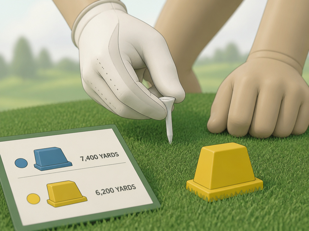 Golfer choosing appropriate member tees on a championship golf course layout.