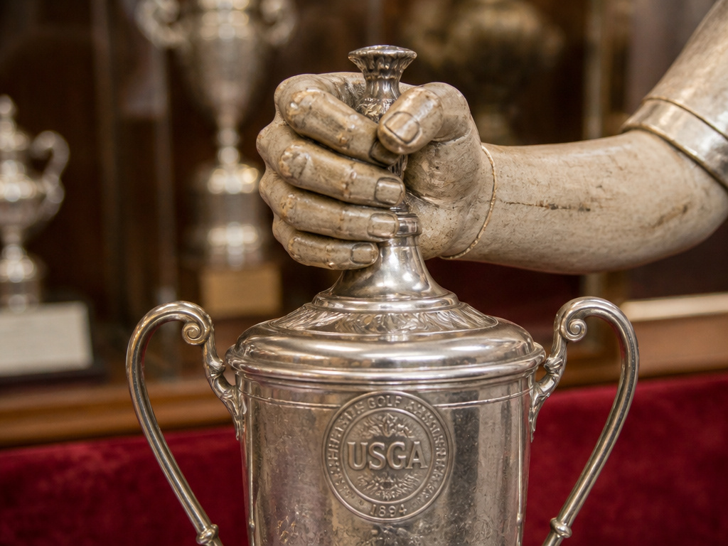 U.S. Amateur trophy gripped by a golfer's hands, symbolizing USGA amateur championship prestige.