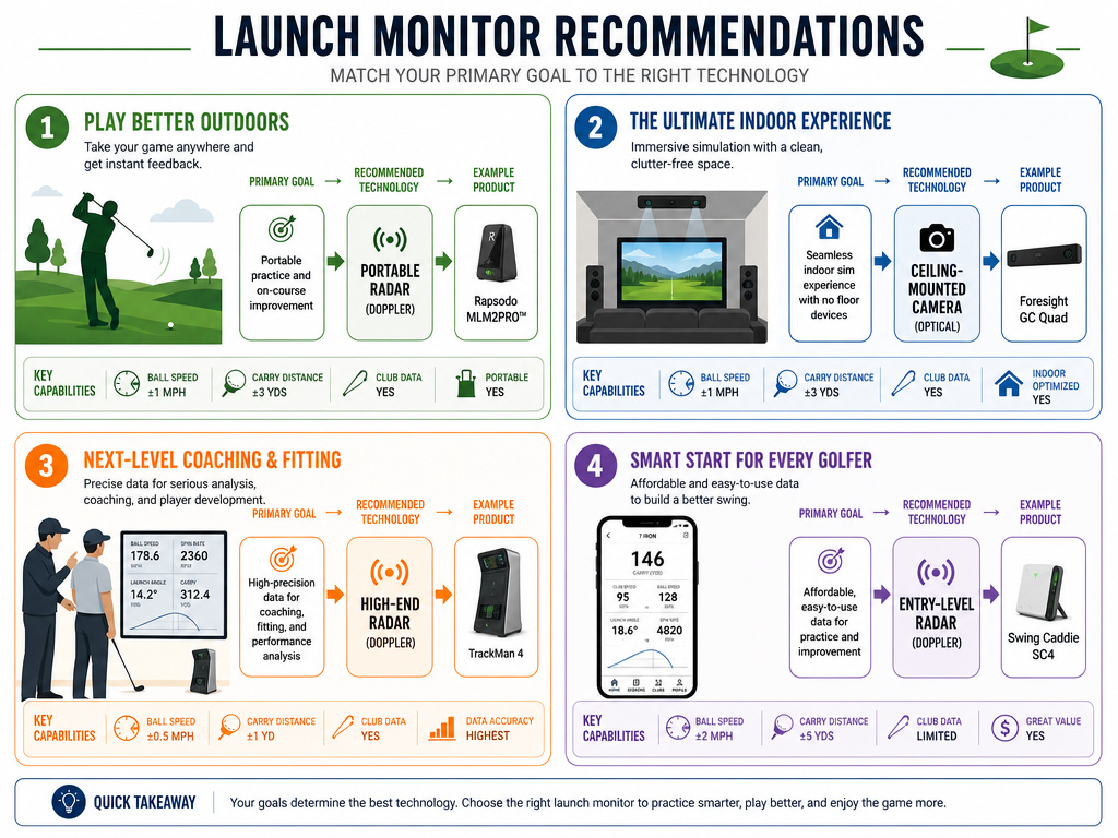 Infographic comparing launch monitor types for different golfer goals and needs.