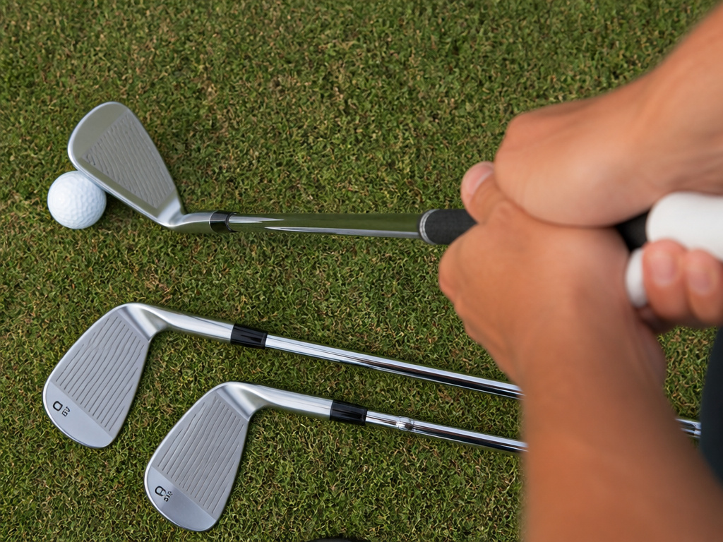 Close-up of golf club selection for chipping, showing pitching wedge and irons.
