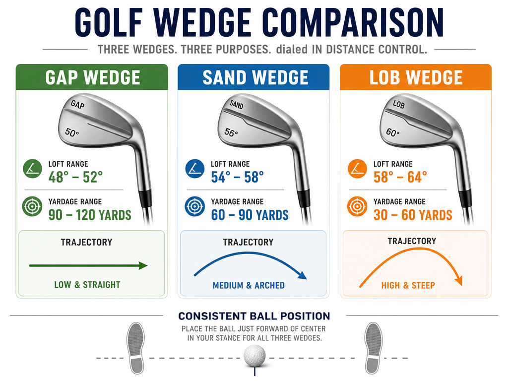 Comparison of gap wedge, sand wedge, and lob wedge for pitching distances and trajectories.