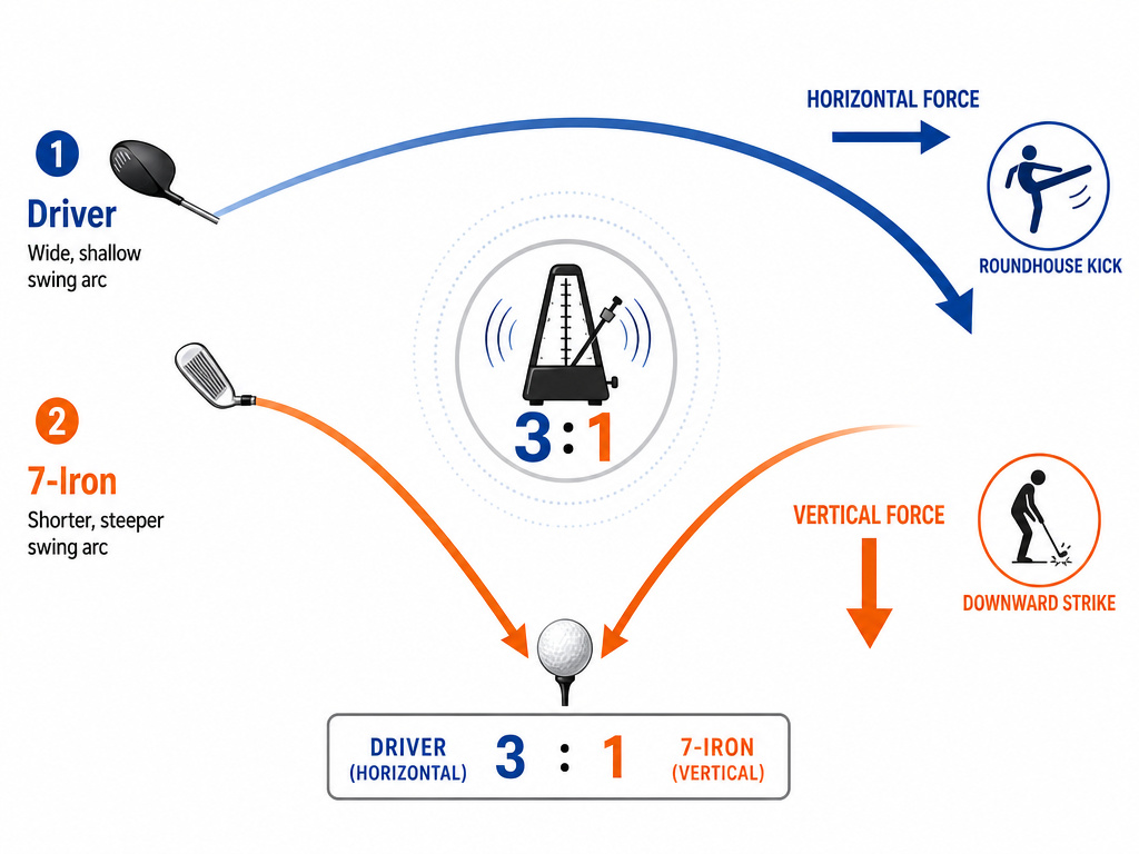 Diagram comparing driver and iron swing arcs and force vectors within a consistent tempo.