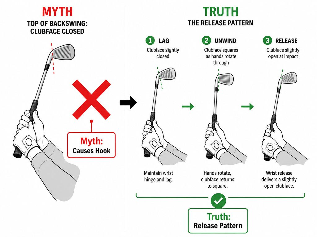Diagram debunking the myth that a closed clubface at the top causes a hook.