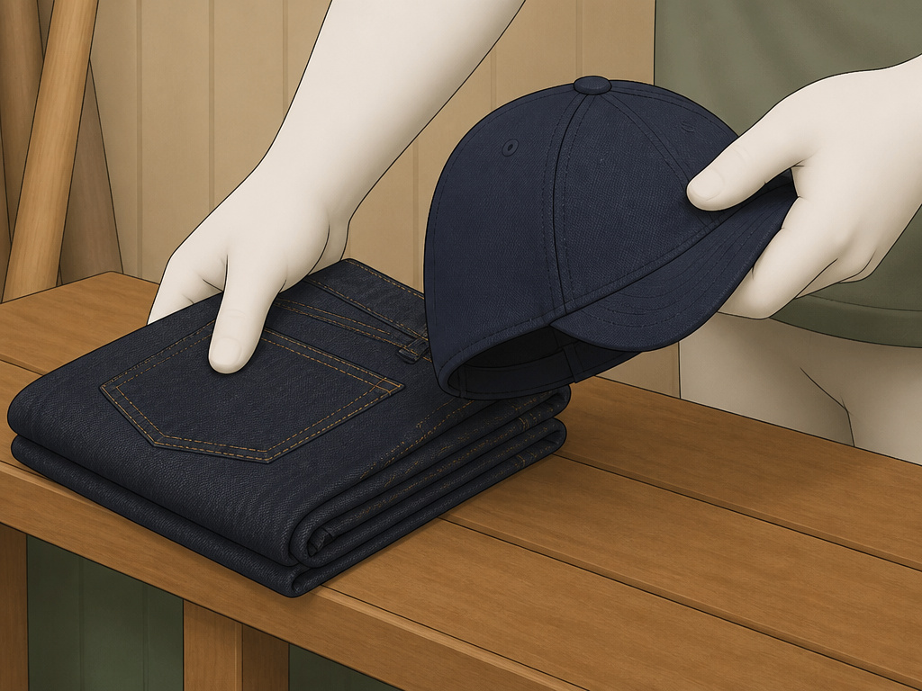 Proper clubhouse attire showing permitted dark denim and hat removal.