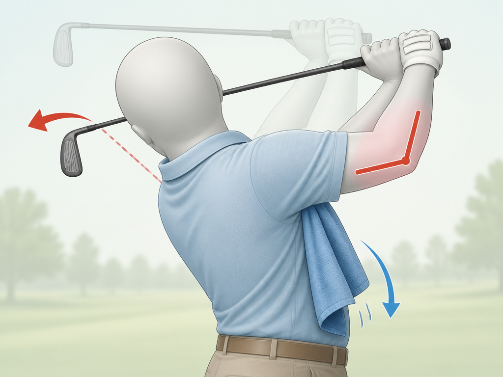 Golfer demonstrating three common backswing faults: inside yank, lifting arms, flying elbow.