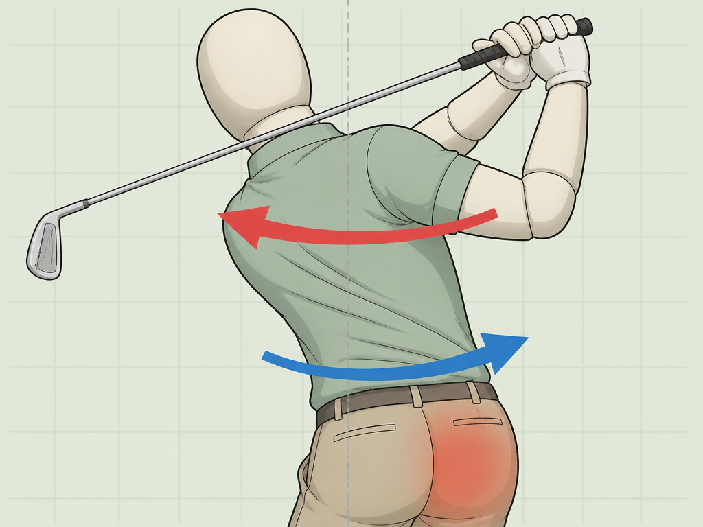 Diagram comparing proper hip rotation versus shoulder turn in the golf backswing