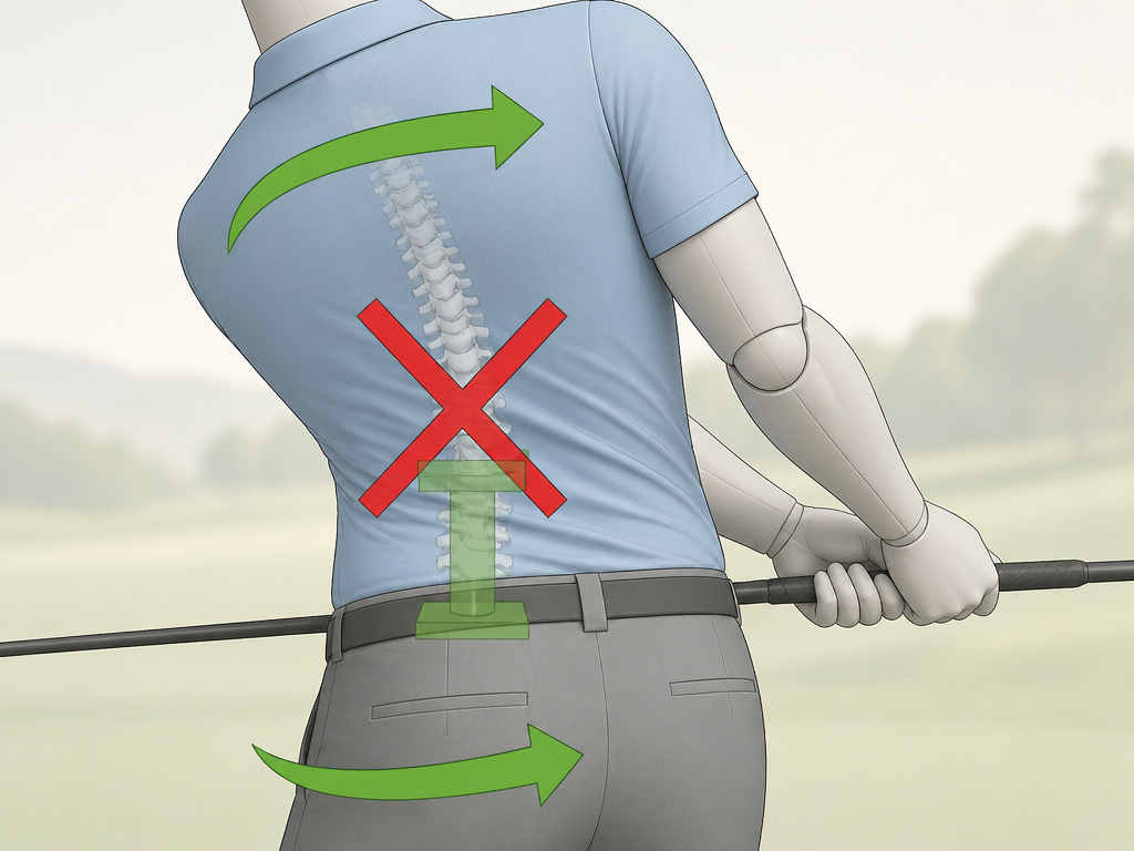 Cartoon correcting over-rotation of the lower back during a golf mobility exercise.