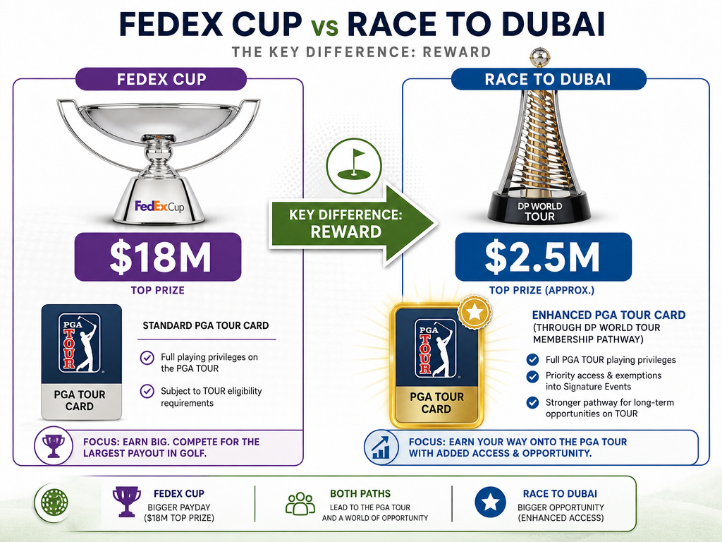 Infographic comparing the FedEx Cup and Race to Dubai point systems and rewards.