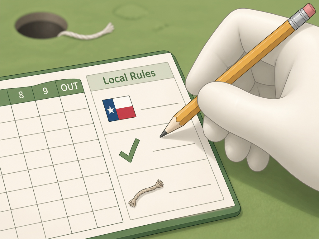 Golf scramble variations like Texas Scramble and string rule shown on a scorecard.