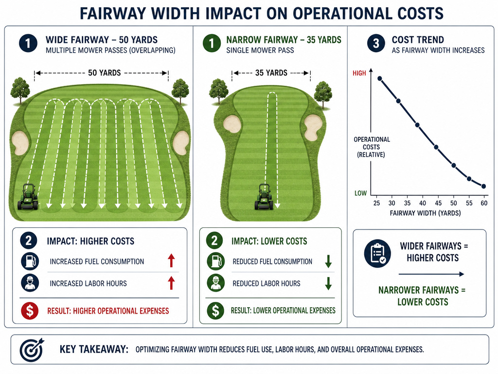 Diagram comparing golf course fairway width impact on mowing costs and fuel consumption