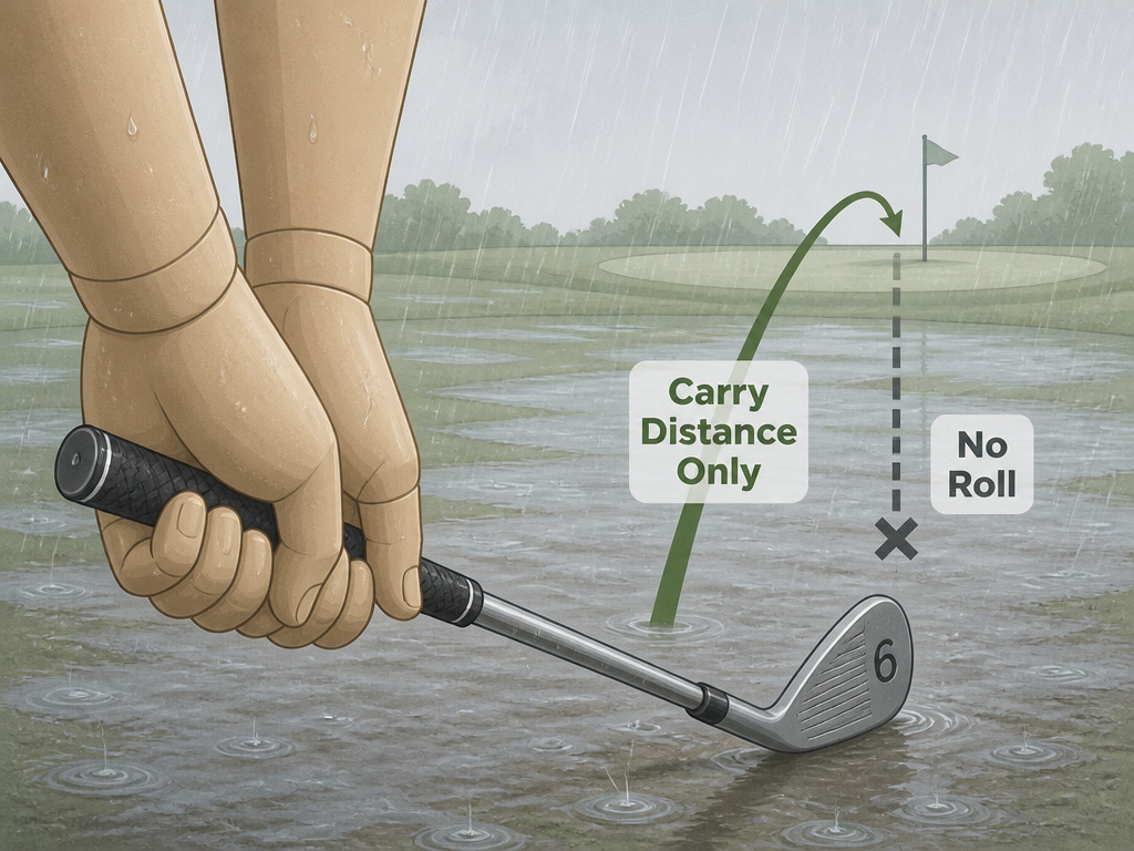 Golf strategy in the rain, adjusting club selection for wet conditions and carry distance.