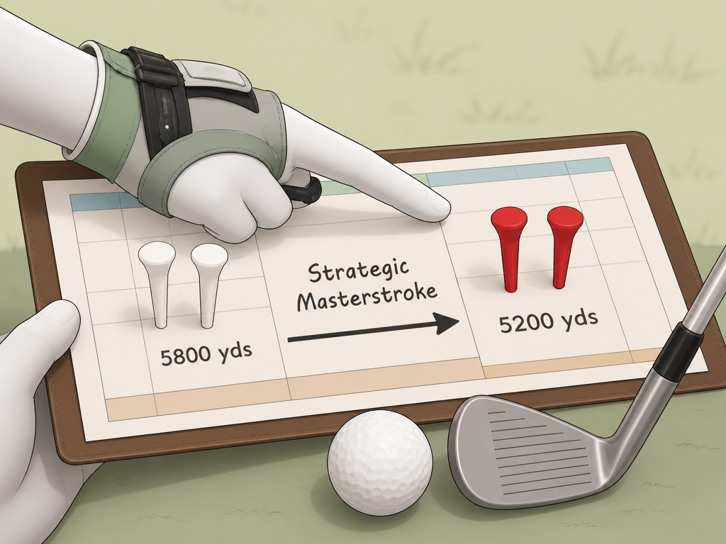 Adaptive golfer's hand pointing from back tees to forward tees on a scorecard diagram.