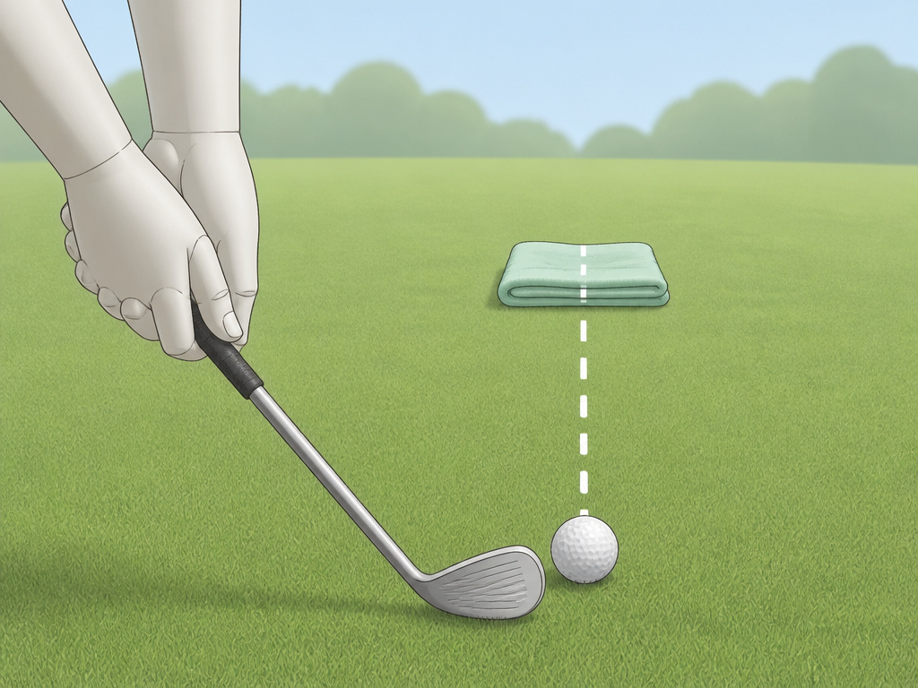 Cartoon of the towel drill for practicing chip shots and avoiding fat or thin contact.