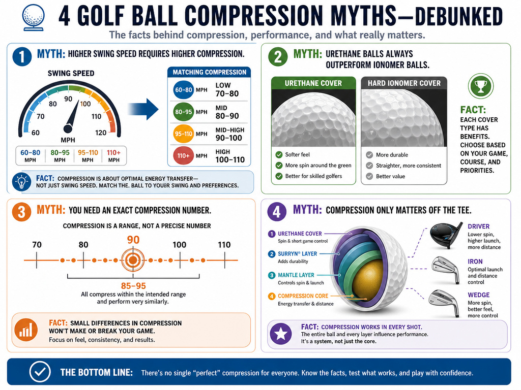Infographic debunking common golf ball compression myths and facts