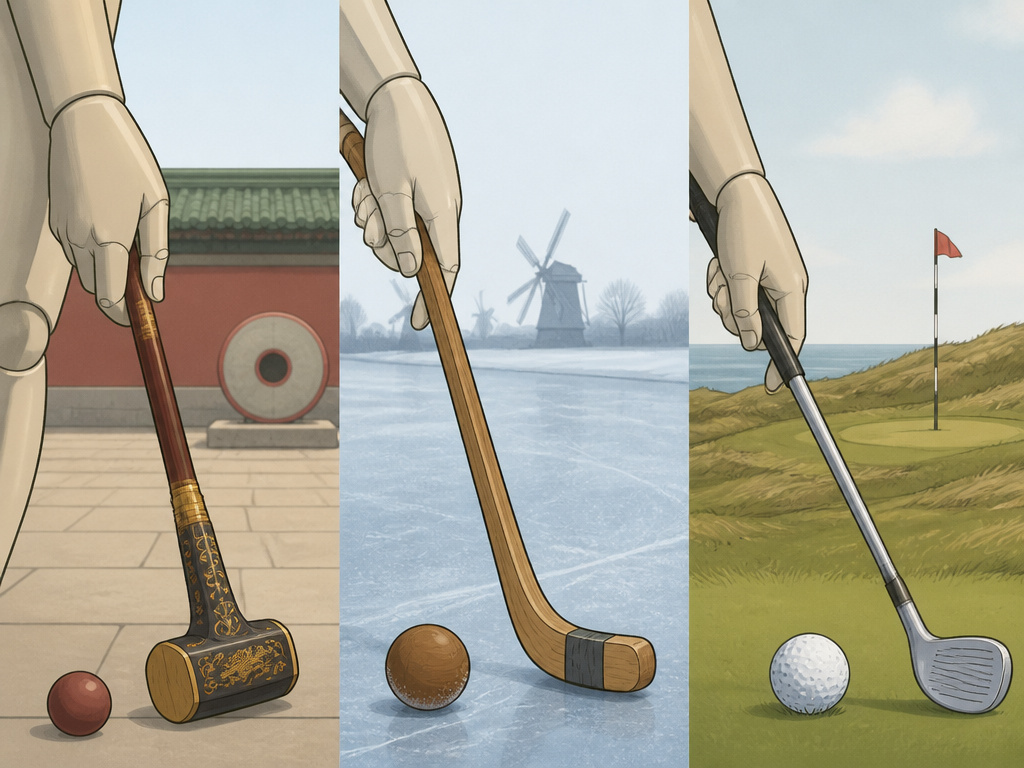 Comparing chuiwan, colf, and golf clubs in a cartoon about the sport's origins.