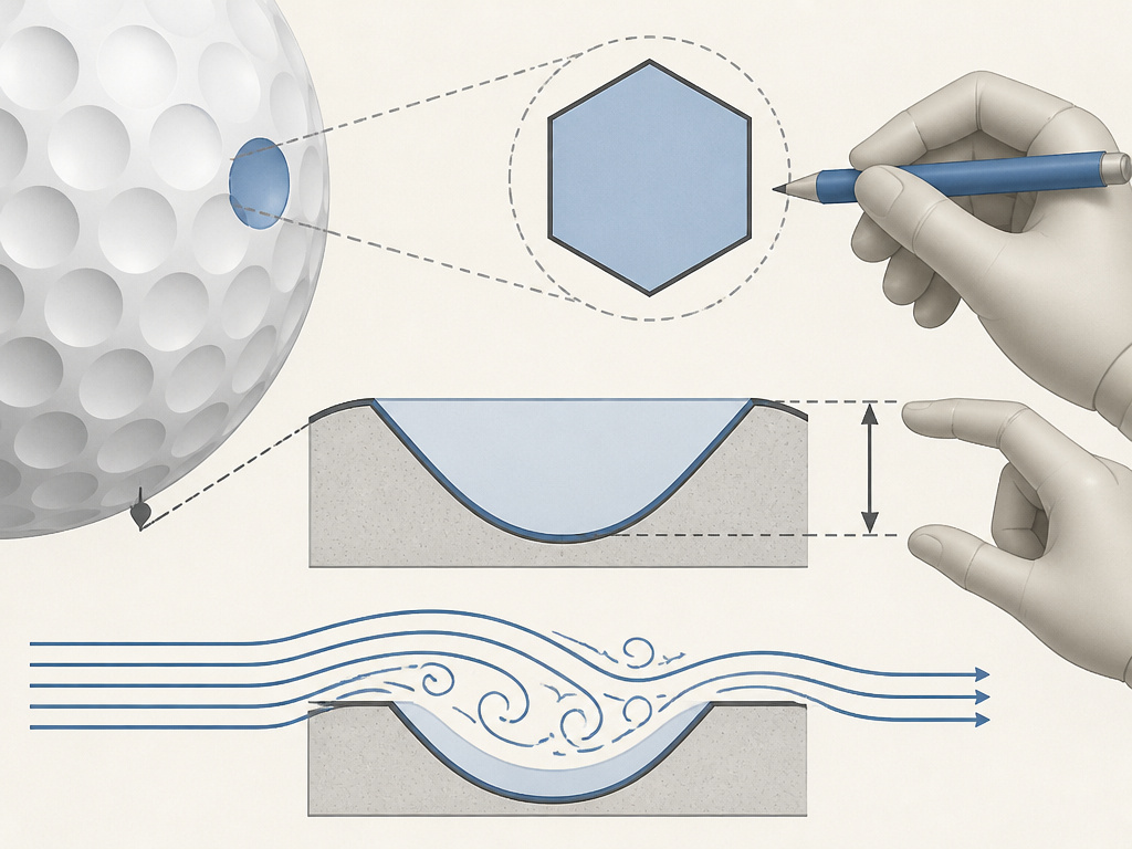 Diagram explaining golf ball dimple design, shape, depth, and aerodynamic profile.