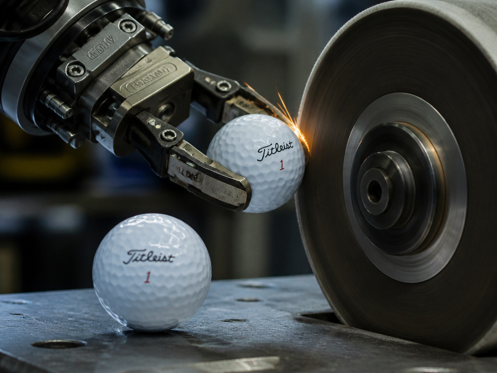 Robotic arm buffing a golf ball during the finishing process in a factory.