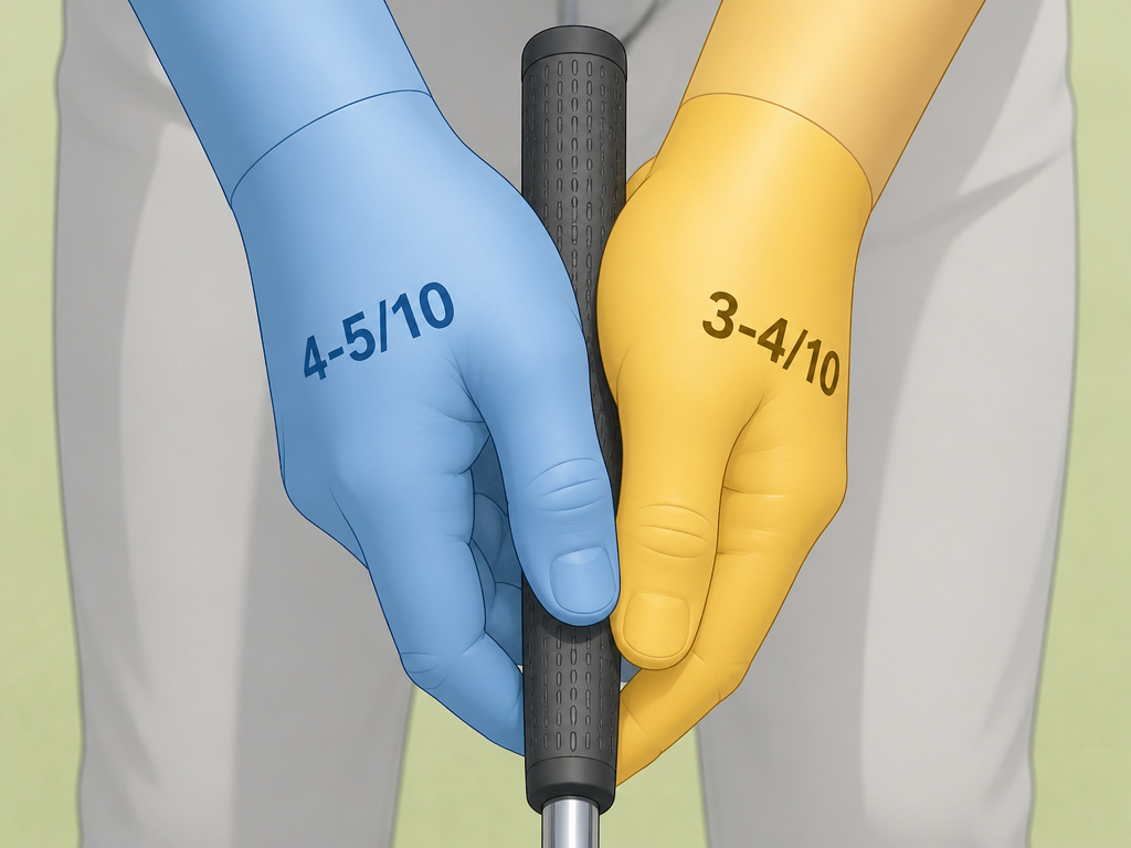 Comparing golf grip pressure for putting versus bunker shots with a cartoon diagram