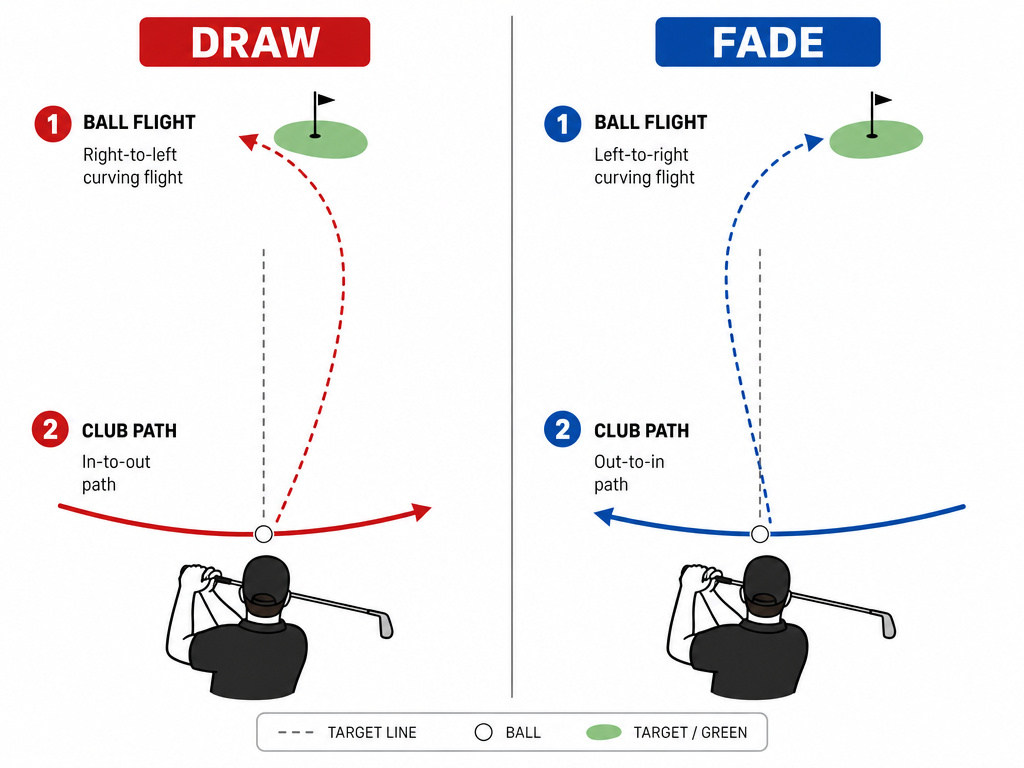 Golf shot shape diagram comparing draw and fade ball flight paths