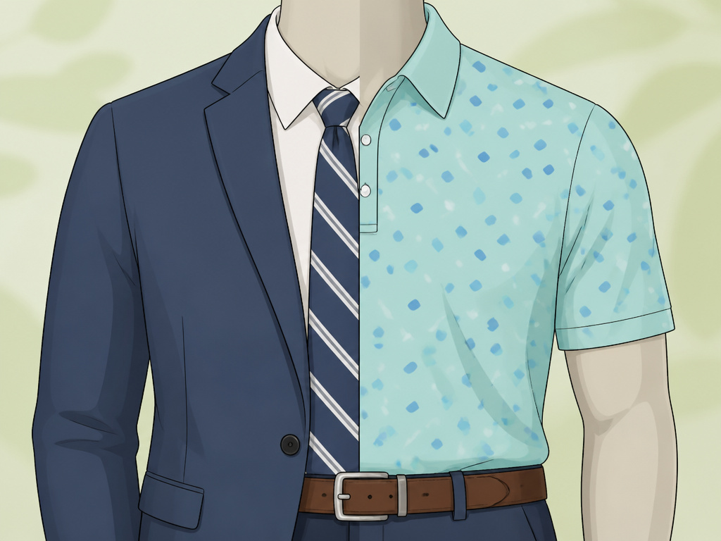 Comparison of formal and resort golf attire styles on a featureless mannequin.