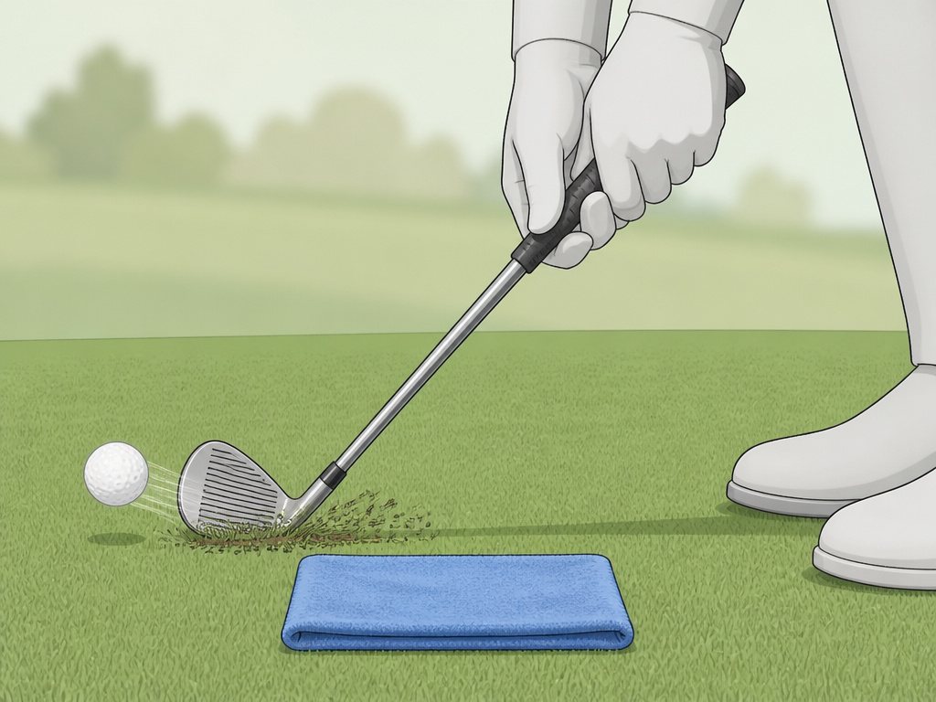Towel drill for golf to practice low point control and stop thin shots