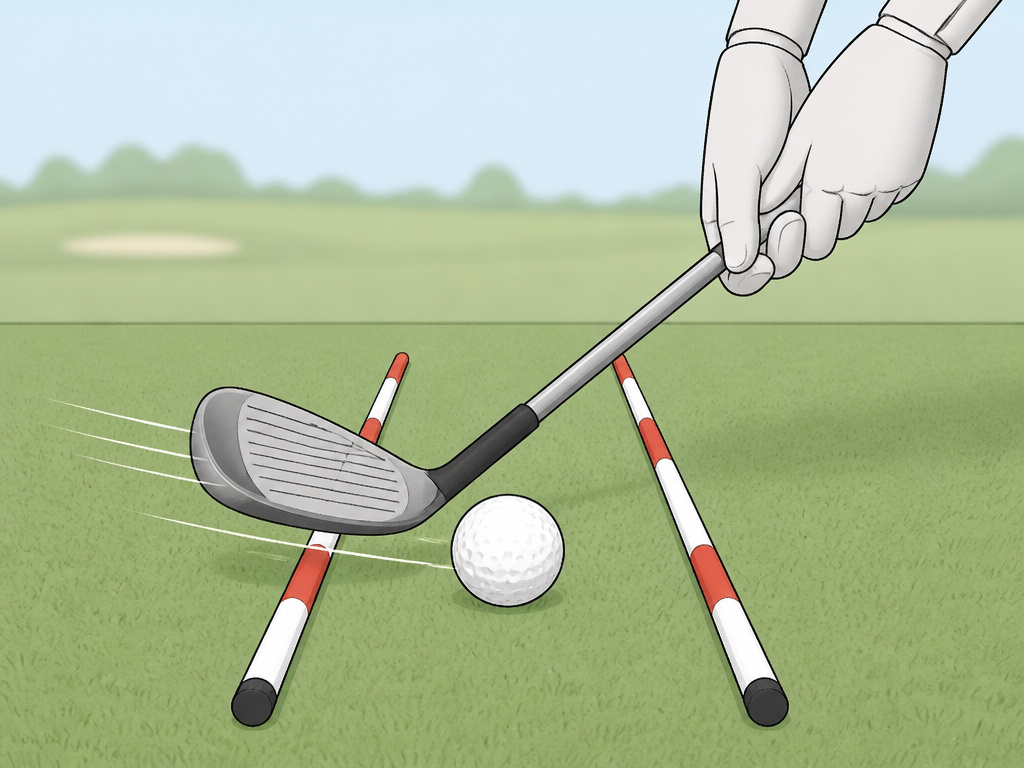 Golf drill using alignment sticks to practice an out-to-in swing path for a fade.