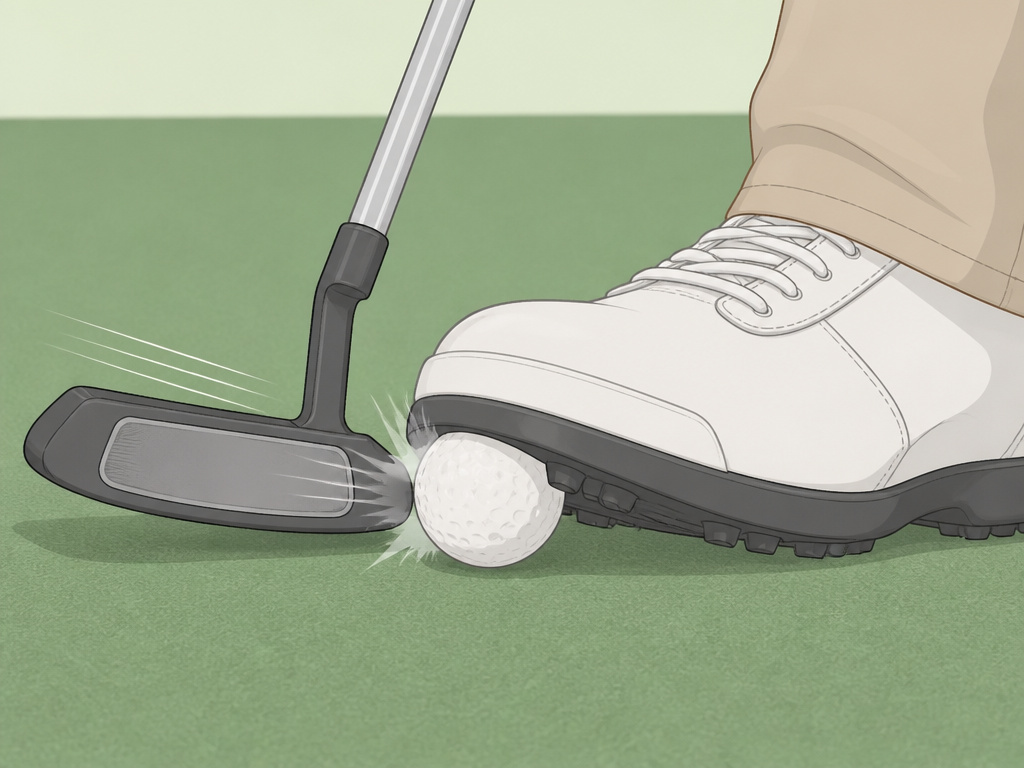 Golf drill showing a putter accelerating a ball into a shoe's toe
