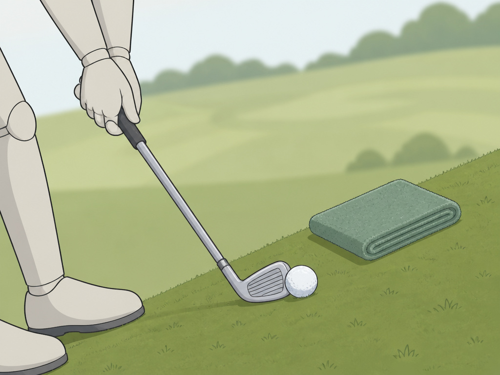 Golf drill for uphill lies using a towel behind the ball on slope