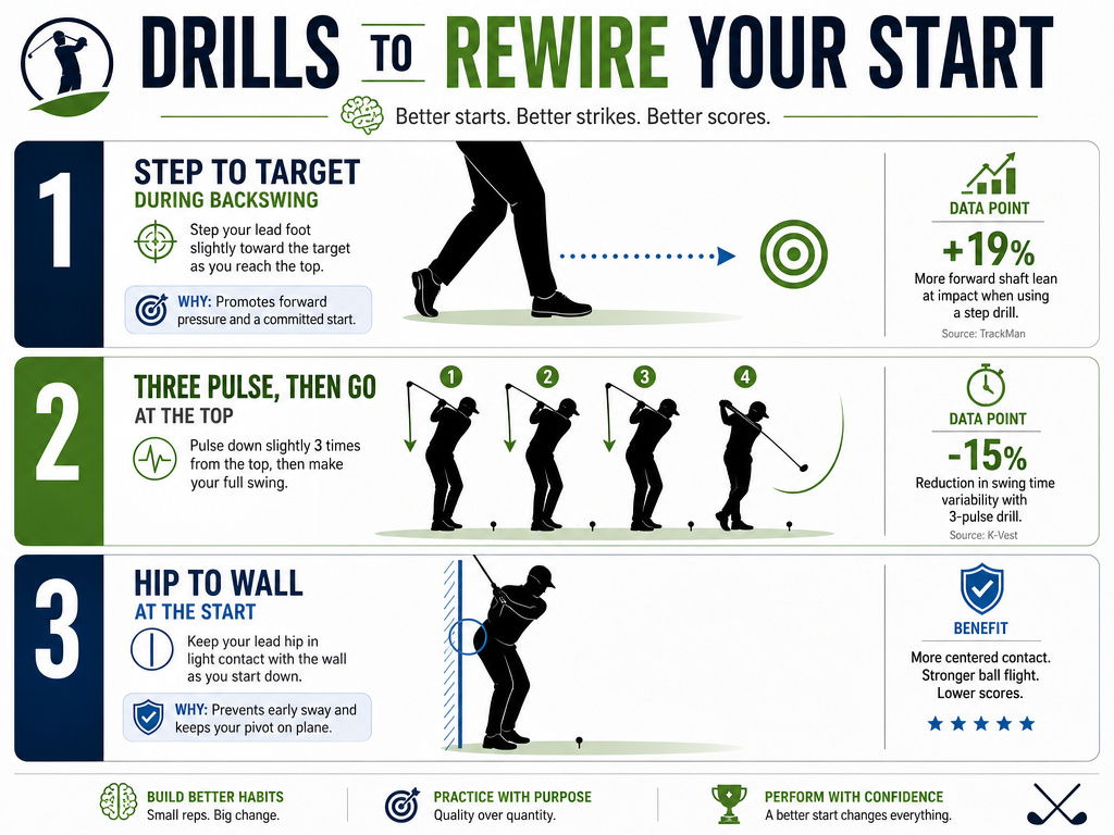 Three golf swing drills for starting the downswing: step-through, pump, and wall.